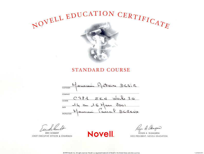 Certificat de formation Novell C781